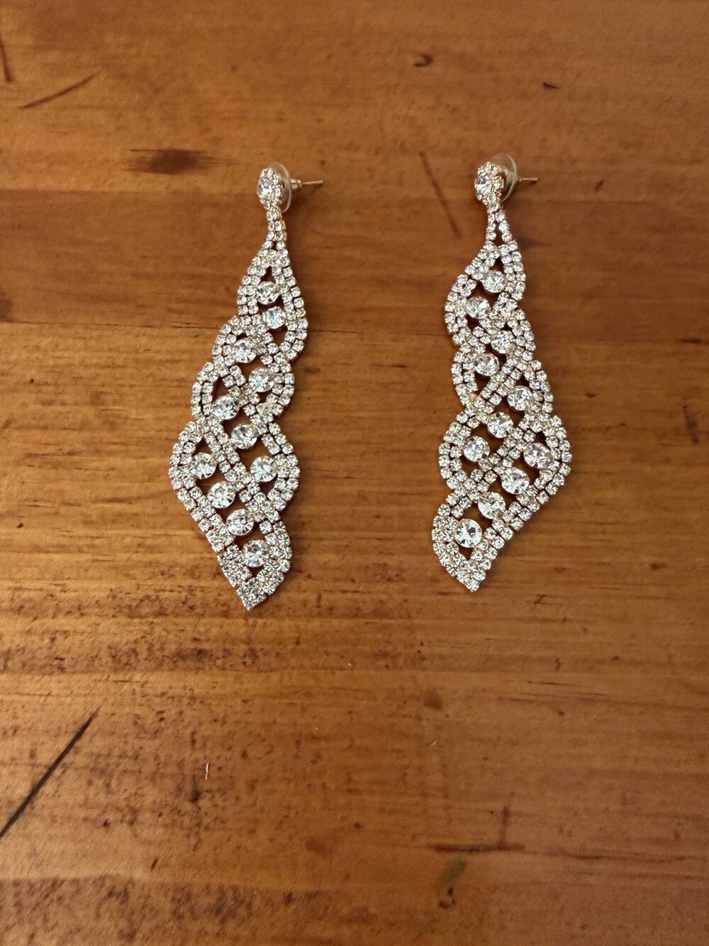 Twist Crystal Dangle Earrings Gold Tone Rhinestone Statement Special Occasion
